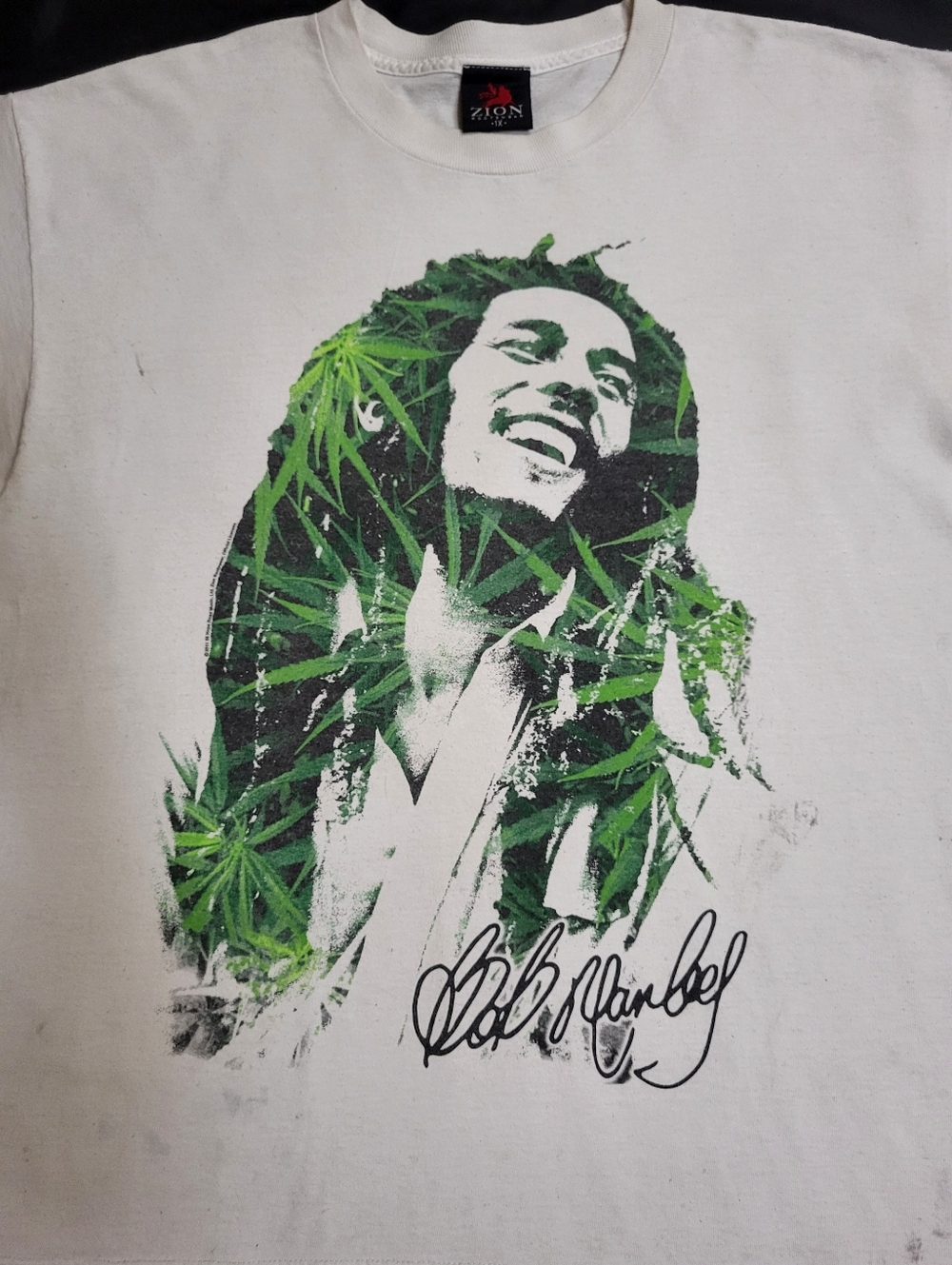 Vintage Bob Marley Cannabis Leaf White/Green T-Shirt Me Size 1X - Picture 2 of 11